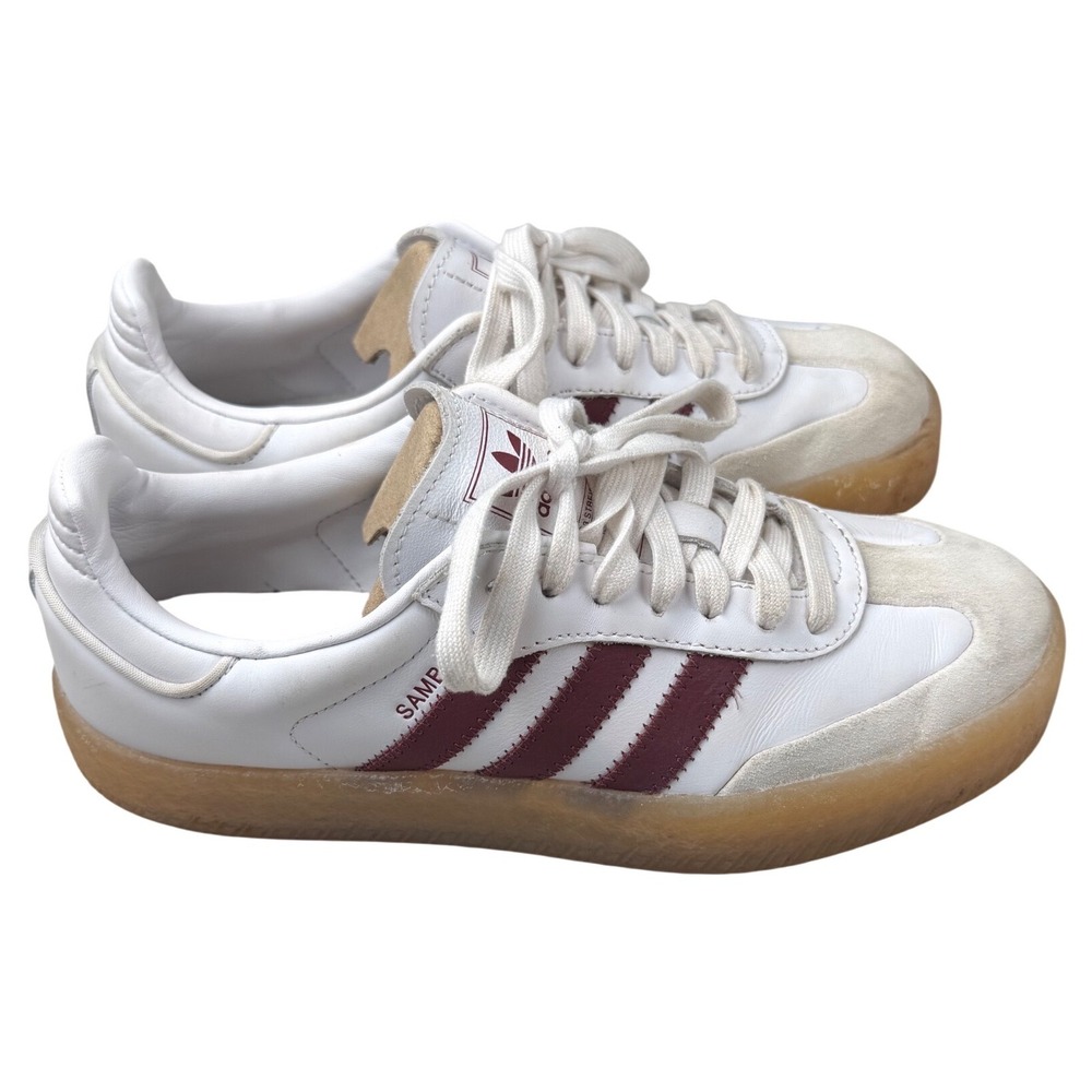 Adidas Samba Super White Burgundy Gum Sole Womens 7.5 Three Stripe Sneakers